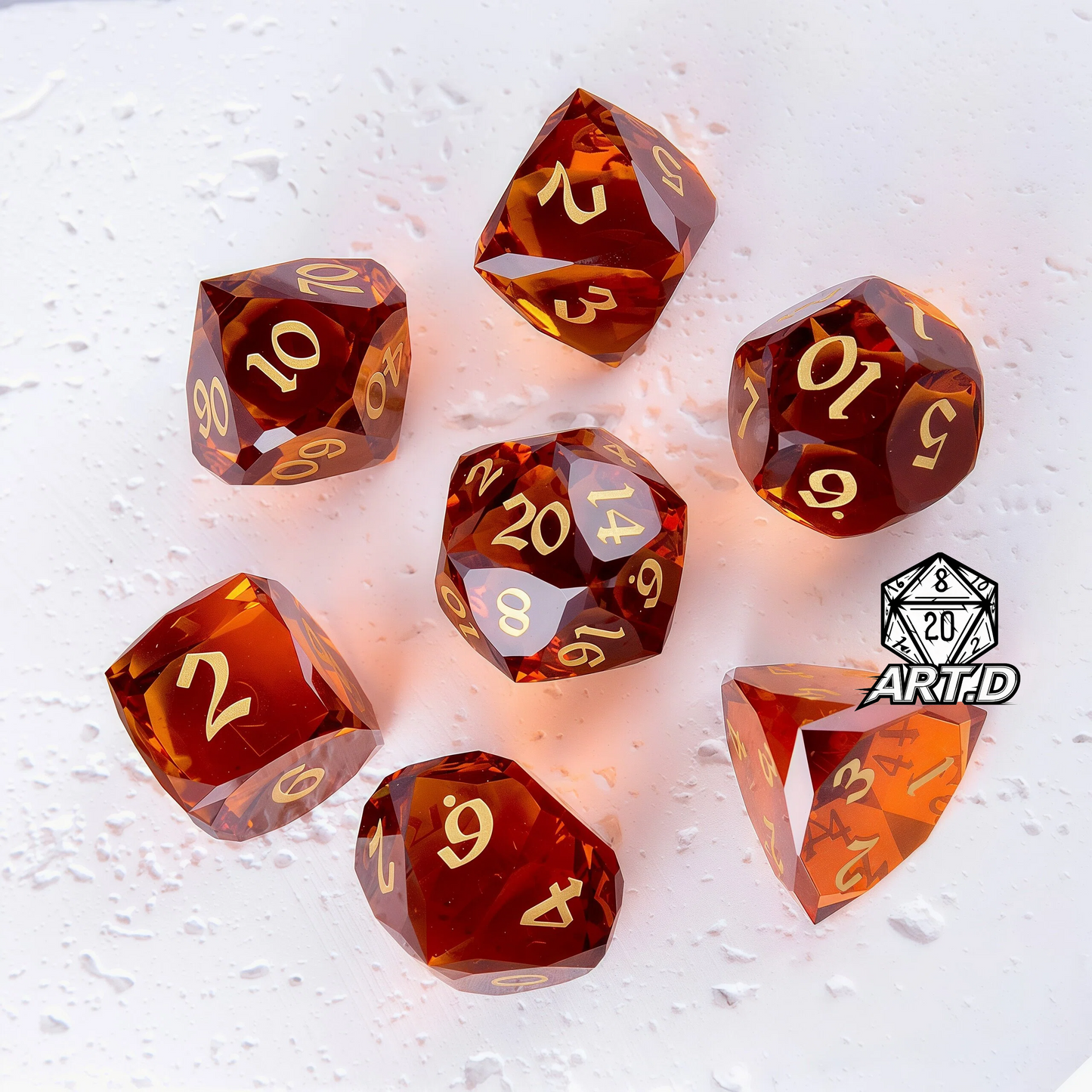 ATR.D D&D Orange Crystal Multifaceted Dice full set